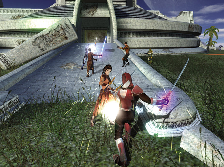 A screenshot of Star Wars: Knights of the Old Republic (KOTOR) by BioWare in 2023, showing alien characters fighting with swords and Jedi with light sabers. This screenshot is featured in an op-ed about why the shut-down of BioWare is so sad and bad for the games industry.