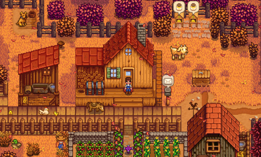 Stardew Valley Screen shot of a farmer in autumn. Everything has a brown-orange hue. There is a dog, horse, chicken, and goat.