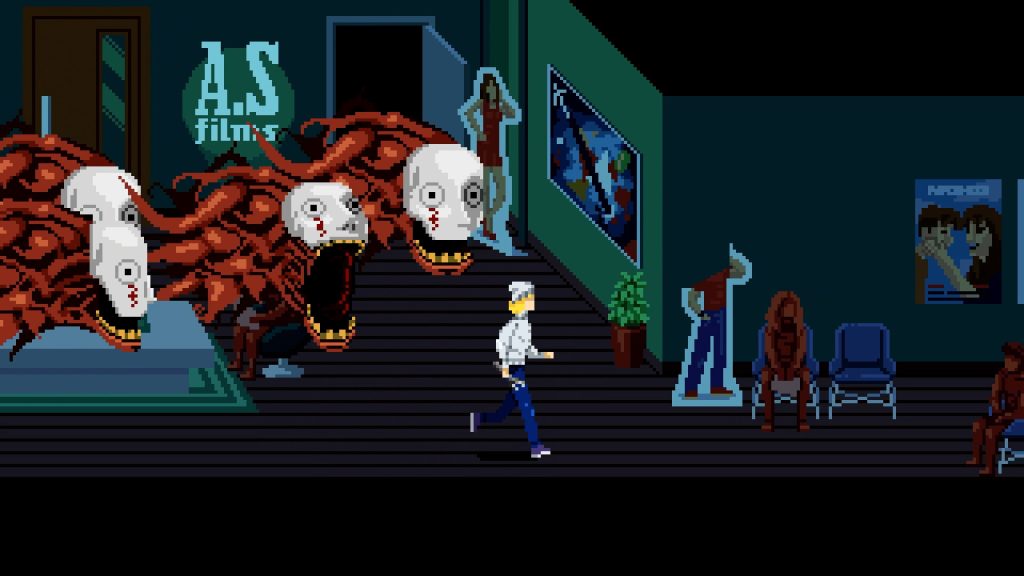 Tenebris Somnia Review: A screenshot of the 2D art style of Julia running in a hallway away from monsters. 