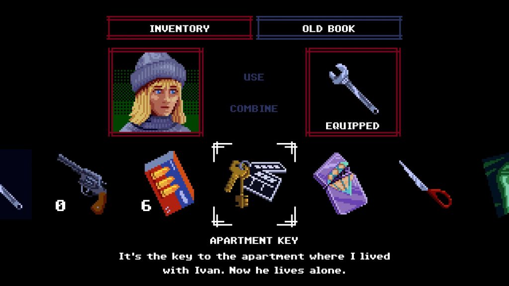 Tenebris Somnia Review: A screenshot of the 2D art style and Julia's inventory including an apartment key. 