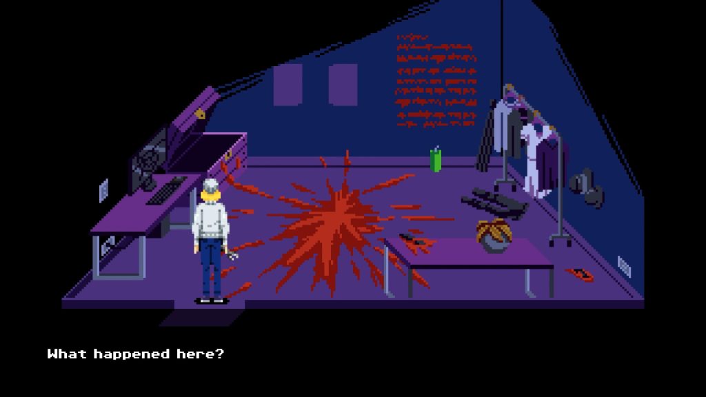 Tenebris Somnia Review: A screenshot of the 2D style art of Julia walking on a scene with blood everywhere. She asks, "What happened here?"