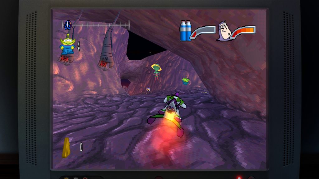 Toy Story: Retro Roundup! Review: A screenshot of a retro game which shows Buzz Lightyear riding on a rocket through a canyon.