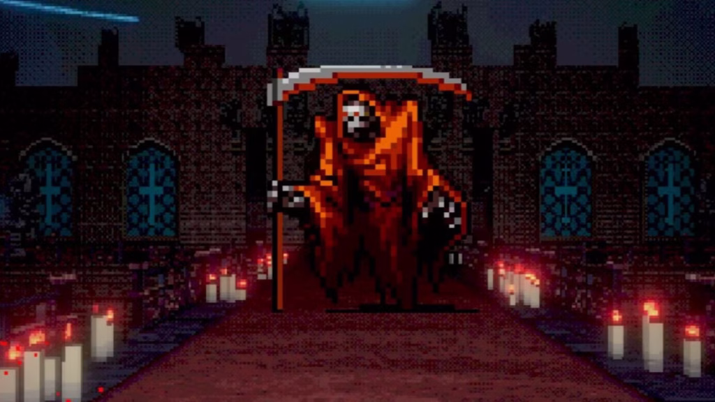 Vampire Crawlers - Death/the Grim Reaper coming to kill the player surrouned by lit candles outside a haunted cathedral
