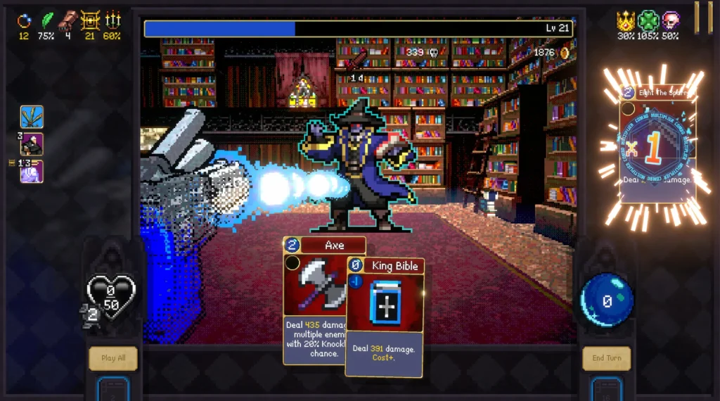 Vampire Crawlers - combat in a magical library against an evil wizard, with the player holding a card of an Axe and a King Bible