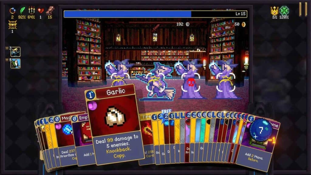 Vampire Crawlers - combat gameplay, where the player is holding dozens of playable cards in their hand, with the line of enemies of light blue glowing witches about to attack in a haunted library